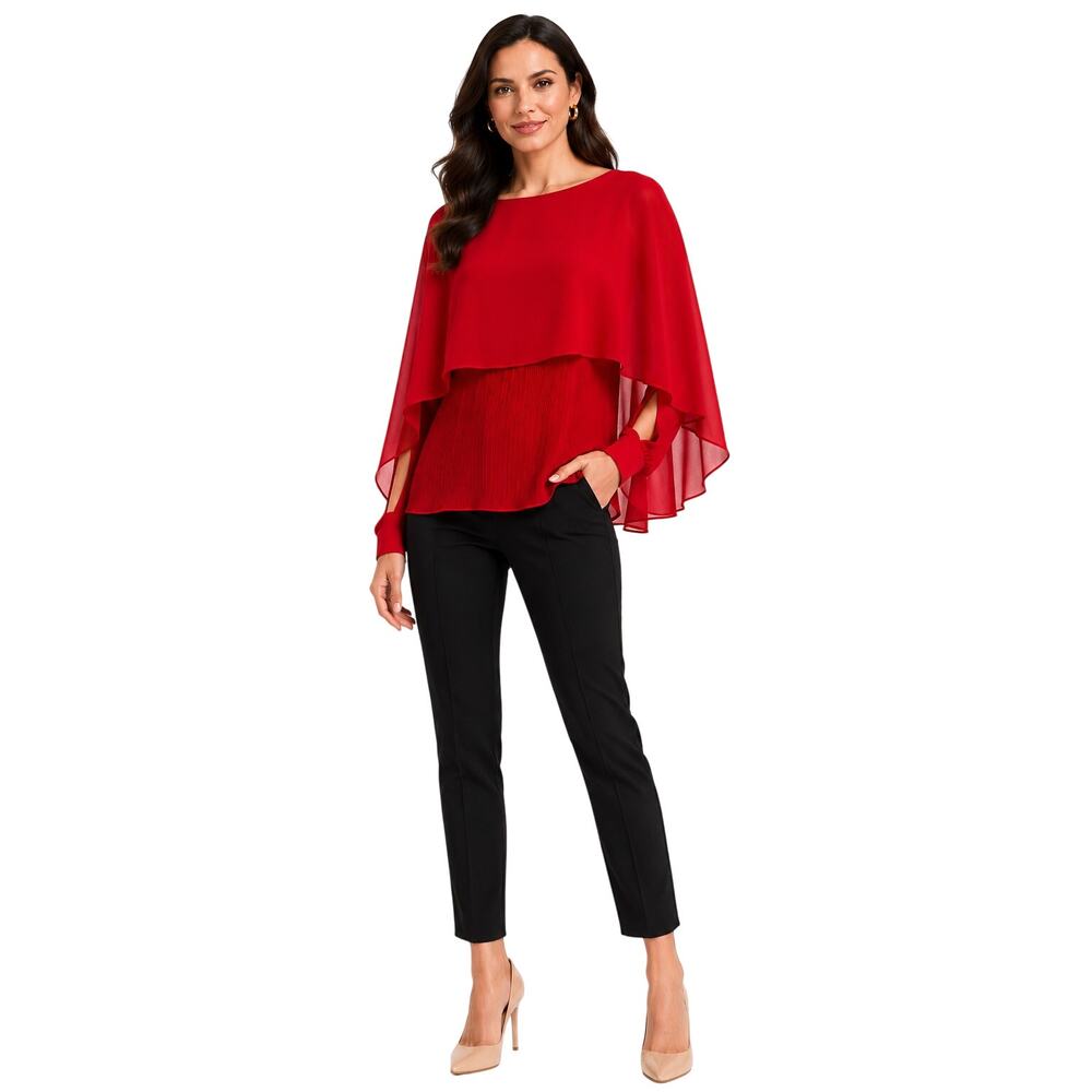 I Madeline Chiffon Layered Scoop Neck Long Sleeve Cape Blouse Red Women's Size S